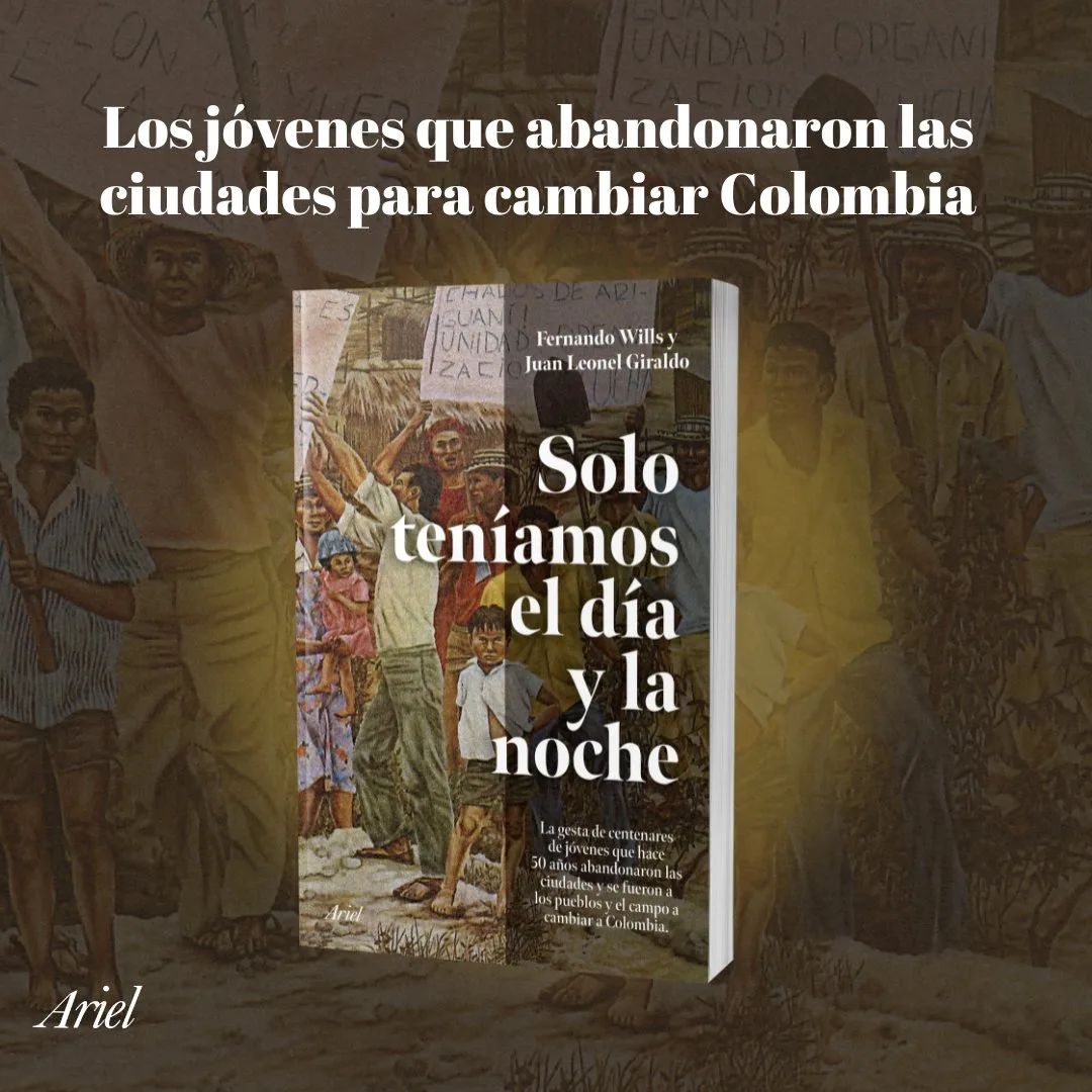 Portada del libro ‘Solo teníamos el día y la noche’, que muestra el óleo de Clemencia Lucena, Invasión en Ariguaní, con un grupo de desposeídos que agitan carteles y un niño descalzo que mira al frente.
